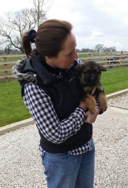 A photo of Sharon Waddington collecting Willow from the breeder at 8 weeks old.