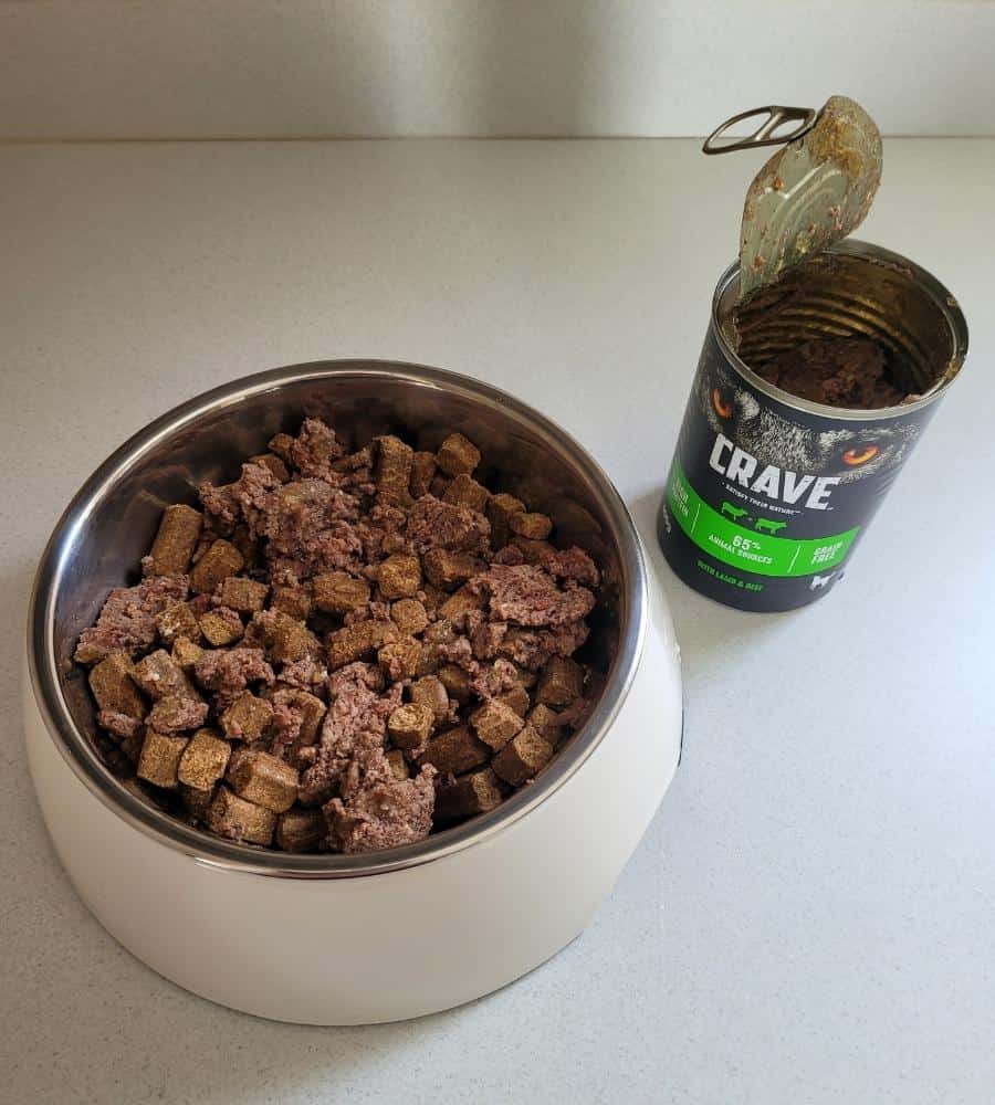Mixing Different Brands of Wet and Dry Dog Food. Kibble mixed with a different brand of wet dog food.
