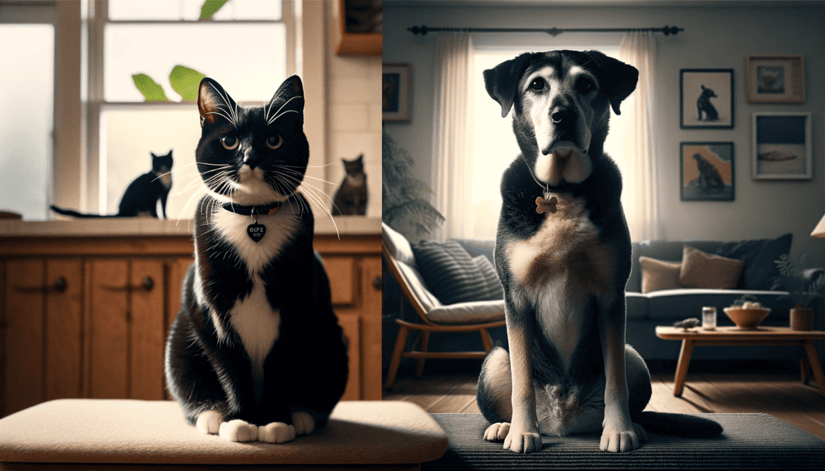 A heartwarming scene of a tuxedo cat and a senior dog