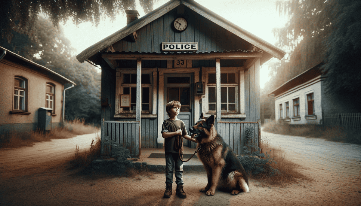 A young boy standing outside with a GSD