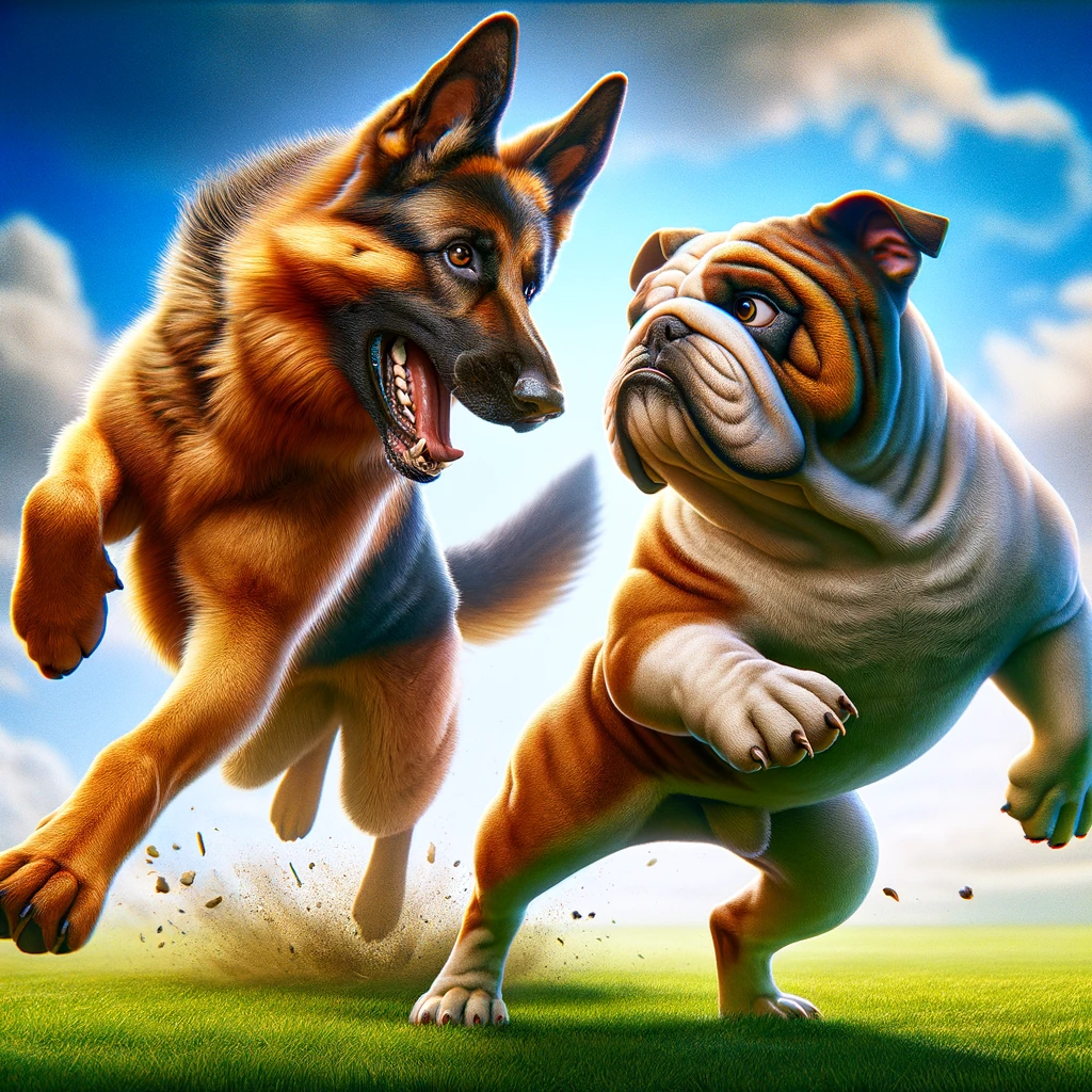 A German Shepherd vs. Bulldog matchup.