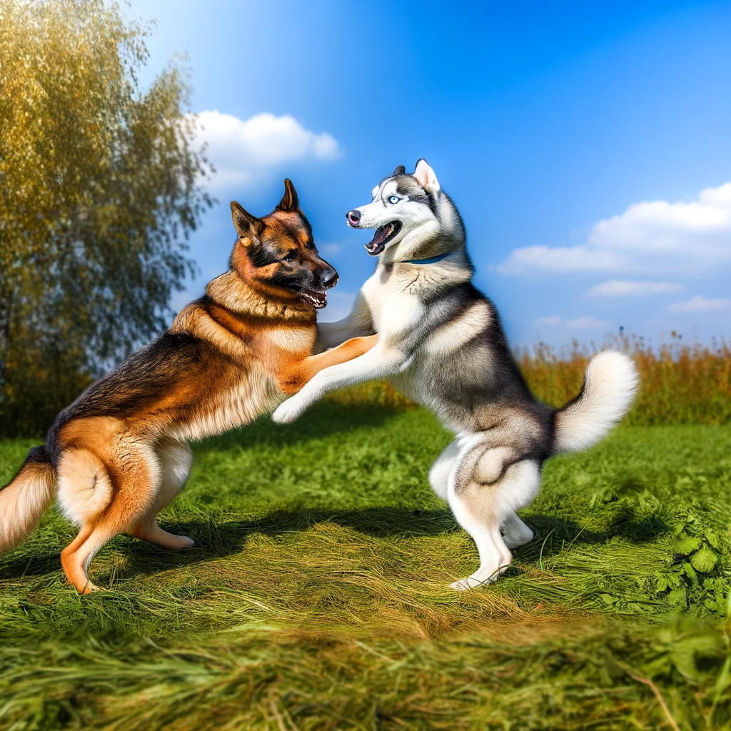 German Shepherd and a Husky squaring up to each other.