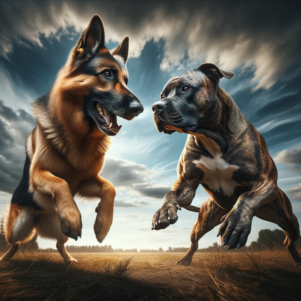 A German Shepherd and a Pitbull nose to nose in a potential fight