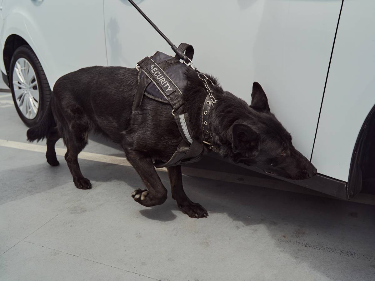 Working security German Shepherd sniffing around a car.